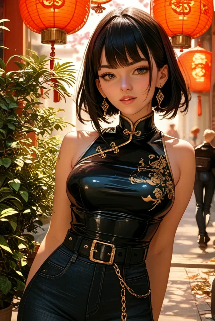 1 female,Black Hair,Brown eyes,Very short straight hair,Blunt bangs,Huge breasts,smile,Lips parted,Golden sleeveless cheongsam,Are standing,Left to front,Bedside,