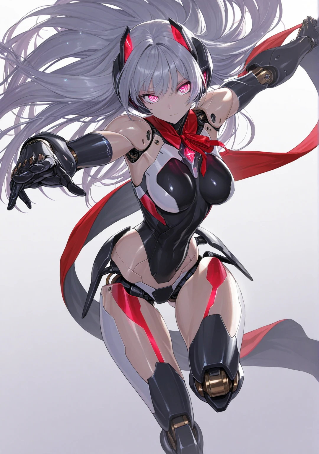 (R Solo:1.3)、((masterpiece))、((best qualtiy))、((ultra-detailliert))、((a high chroma))、((Five-fingered correct hand))、(CG Illustration)、(The upper part of the body:1.2)、(High school girl with slender beautiful body like gravure idol:1.2)、highcontrast、(Beautiful woman wearing white long-sleeved leotard and futuristic light armor:1.4)、(Wearing black pantyhose:1.2)、(Cute nipple shape on middle breast:1.4 )、red blush、((Silver hairstyle))、(Anime-style red eye)、(Delicate beautiful face)、The best lighting、(turned around)、Floating in the air、
