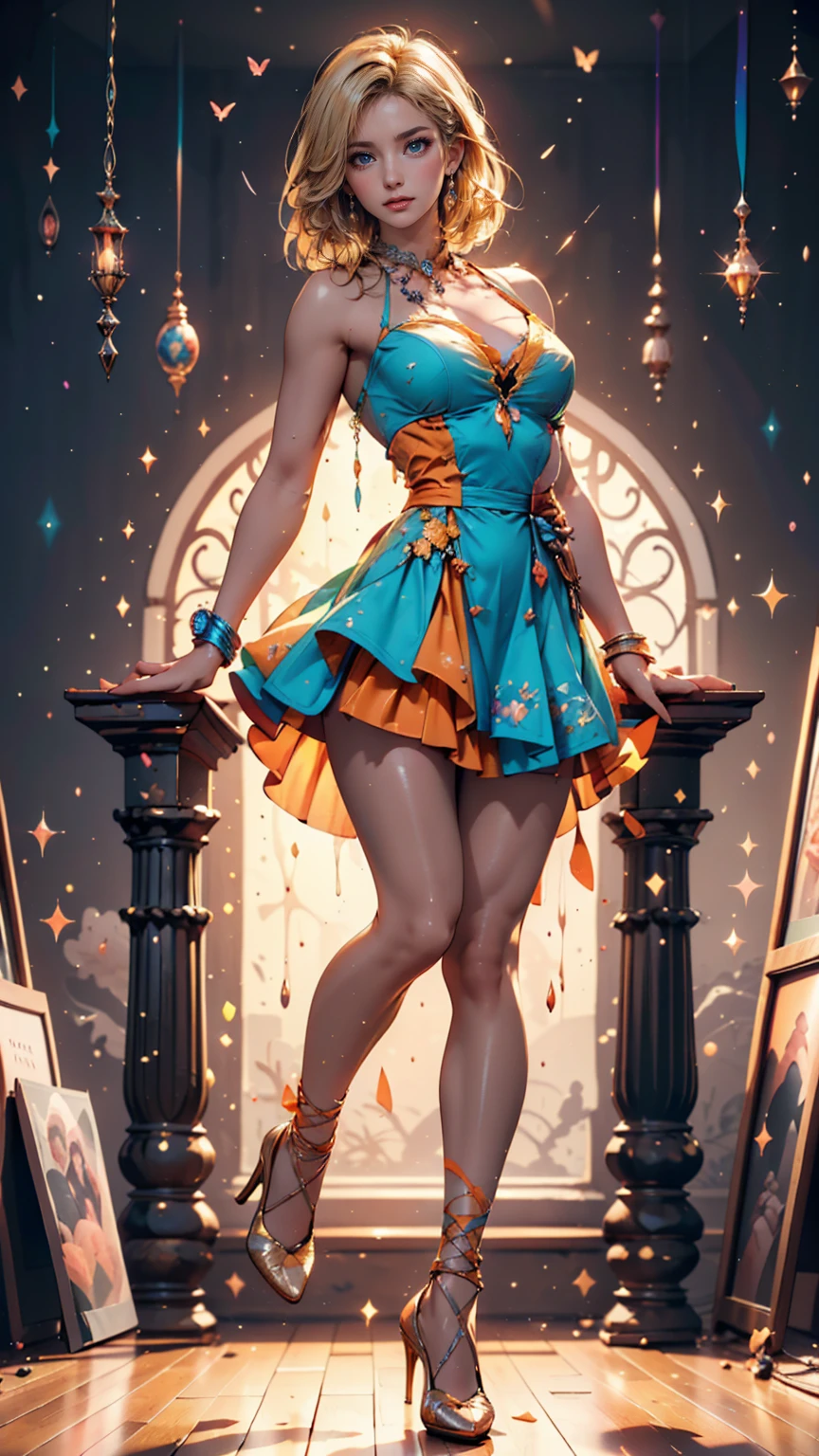 BIG TITS - Cameltoe - Niples - Small waist - big hips - Une magnifique Cendrillon fine, châtain, avec une poitrine surdéveloppée descend gracieusement d'un carrosse de conte de fées en forme de citrouille d'Halloween. elle a les yeux bleus et la bouche entrouverte. Sa robe fendue jusqu'au nombril en dentelle transparente large mailles élégante laisse voir une culotte avec cameltoe, et épouse sa silhouette accentuant ses courbes. Ses cheveux en vagues lâches captent la lumière. L'arrière-plan présente une représentation onirique et légèrement abstraite d'un château au crépuscule avec un éclairage doux et chaud dans des tons d'or et de bleu, créant une atmosphère romantique et magique. Des étoiles scintillantes parsèment le ciel crépusculaire, rehaussant la qualité éthérée. Le carrosse en forme de citrouille d'Halloween, conçu avec des détails tourbillonnants et des accents dorés, ajoute un charme de conte de fées. Un chemin pavé, bordé de lanternes lumineuses, mène au château, entouré de fleurs éclatantes et de verdure luxuriante., seductive smile, light blush, excited, Nikon, Dutch Golden Age painting, masterpiece, best quality, award winning