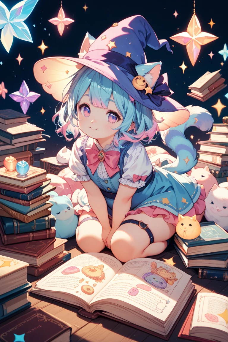 One Little Girl,whaite hair,Medium and short hair,quadratic element,Wizard's Hat,wizard robe,Magic Book,
