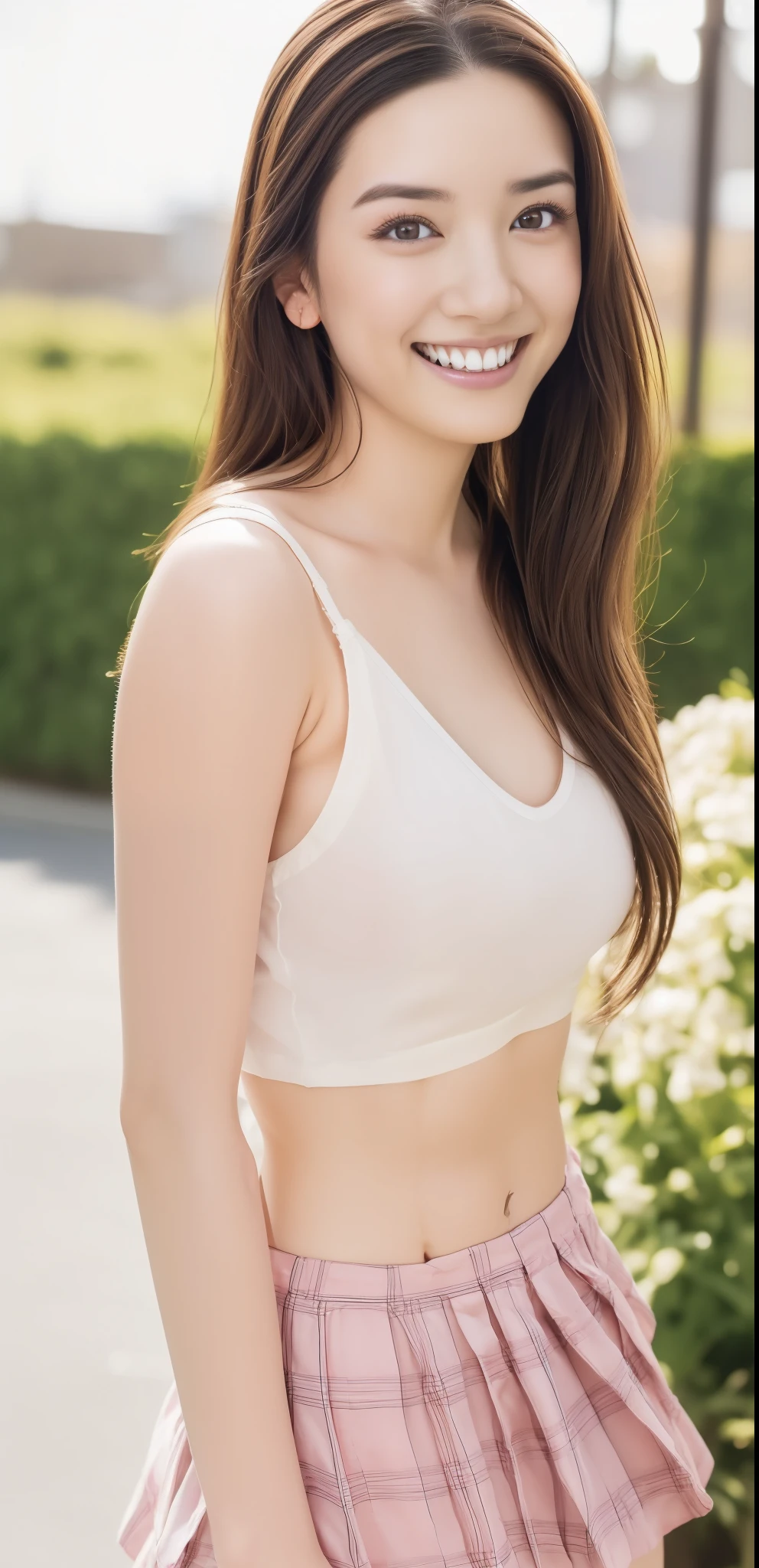 (realistic silk panties:1.3),(white panties:1.2),(pink check skirt:1.2)(looking directly at the viewer:1.3),(big smile:1.2)32K,( beautiful teeth :1.3) masterpiece, RAW photos , Highest Quality, photorealistic, highly detailed CG Unity 32K wallpapers, depth of field,(very beautiful face, beautiful lips, beautiful eyes on my stomach), complex detailed face with hands aside, ((super detailed)) , cute Japanese girl, super idol, 1 girl on break day,(happy smile:1.3), Clear Eyes, (big eyes:1.2), (brown hair), Thighs, (Japanese School Uniforms:1.1),(double eyelids:1.3),(long eyelashes:1.2), well-balanced and graceful face ,( small mouth:1.1),droopy eyes
