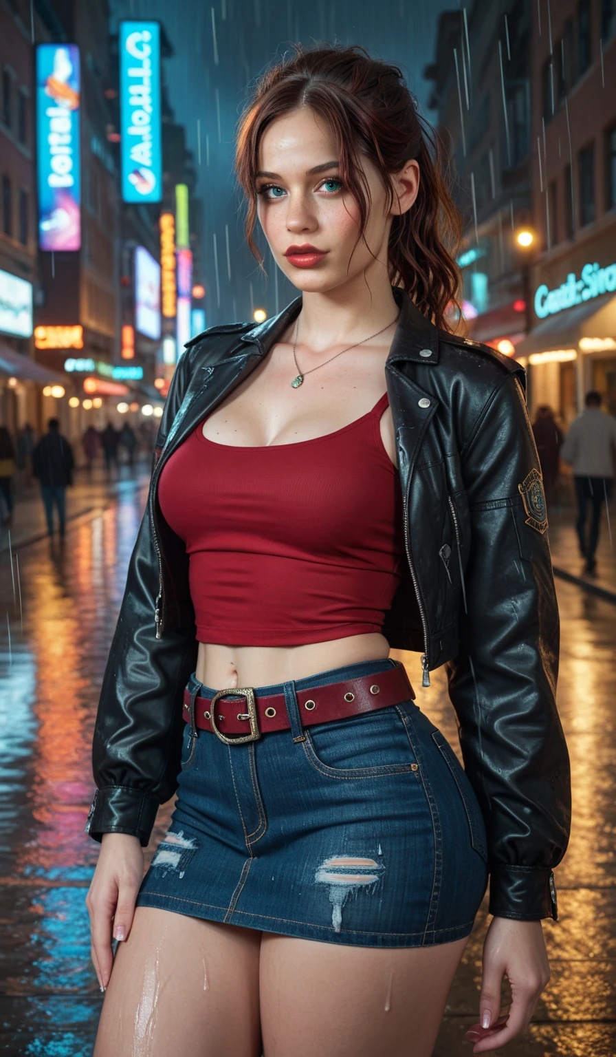 1girl, (realistic),(hyperrealism),(best quality),(masterpiece),(ultra high res),(photorealistic),idol,eye makeup,detailed eyes,detailed face,black dress, claireredfield2, brown hair, (red jacket:1.2), ponytail, (denim pants:1.3),, red wristband,, abandoned street, burning cars in background, littered street, smoke, chaos, zombie apocalypse, daytime, sunny,, flirting, looking at viewer, smiling, closeup shot, naked, nude, nsfw, exposed breasts, exposed vagina