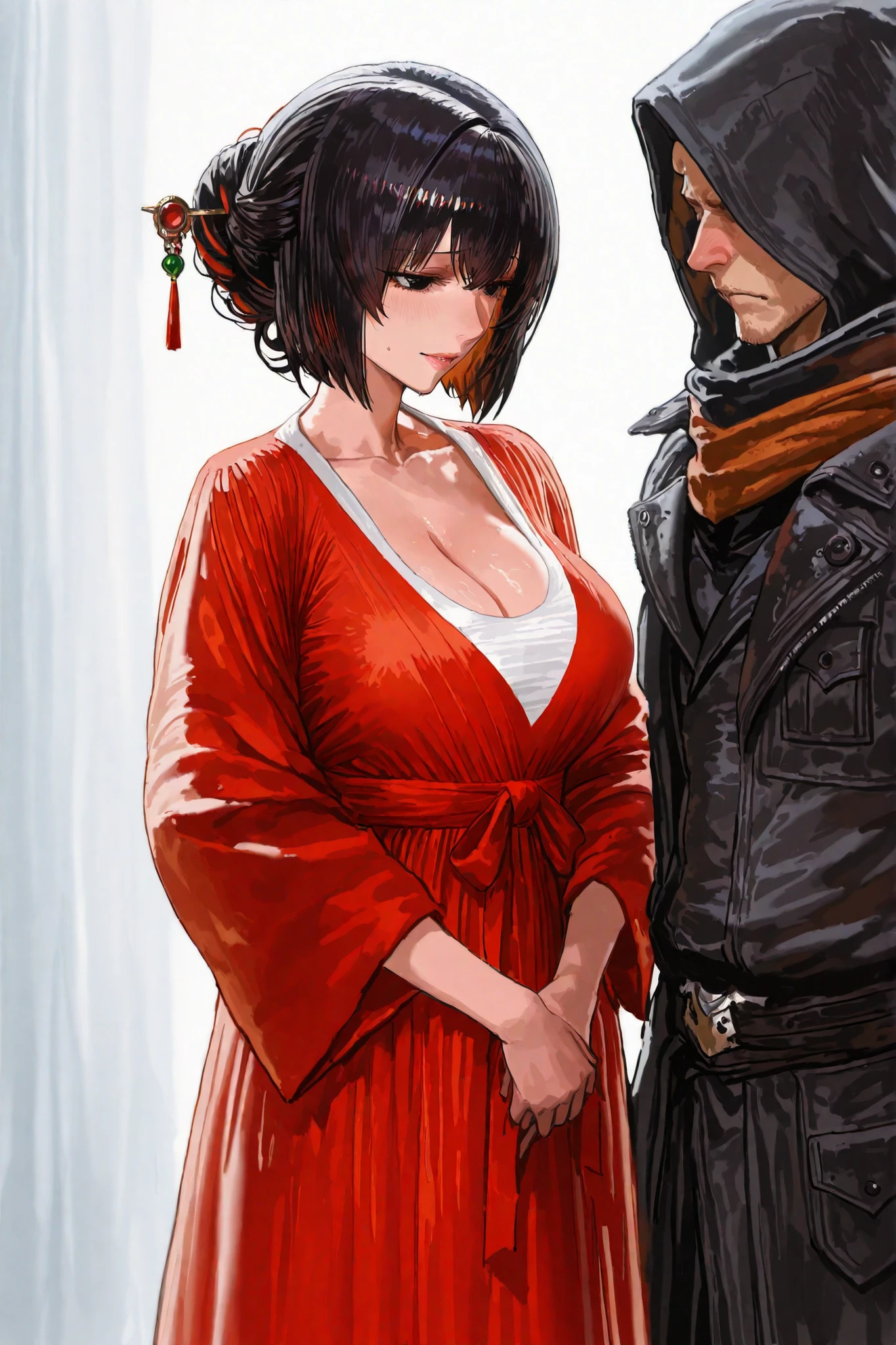Mature women,beautiful , charming goddess , black hair,The hair carefully tied with a hairpin , White Hanfu,showing cleavage,beautiful black eyes,extremely detailed,Alta resolución,simple background, She wears a beautiful red dress and a tiara is called "Clementine" wears a rose around his neck, scarf Jacket, dress, beautiful, dress como la de una griega, se llama Clementine, and she is the mother of two ren, a boy the oldest, and the youngest daughter , her name is Clementina López she has two ren