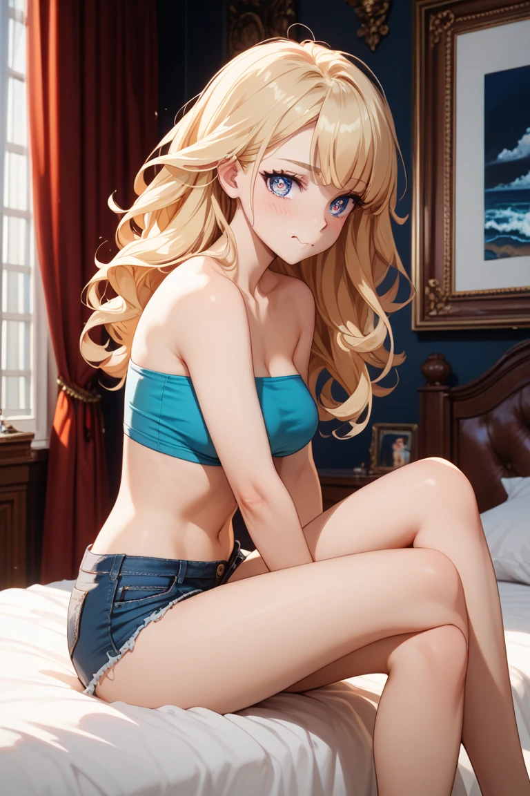 Rebecca Bluegarden, Woman 25 years old, cabello rubio ceniza, ojos azules como zafiros, pechos grandes, detailed light blue bra and panties, gotas de sudor en su pecho, manos perfectas, fondo una cama lujosa, rubia, pelo rubio, mujer de cabello ubio ceniza.