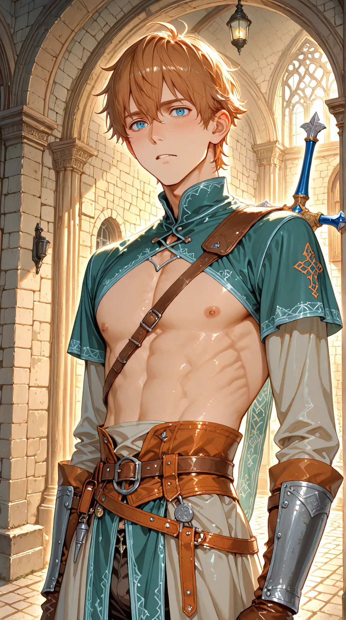 (masterpiece), best quality, expressive eyes, perfect face,(male:1.0), 1boy, (anatomically correct:1.2), (realistic lighting:1.0), dark skin, ginger hair, blue eyes, 1boy, muscular, toplesa, oversize pants, at the garden building, arms up, muscles tense, (extremely detailed face:1.4), forearm tattoos.