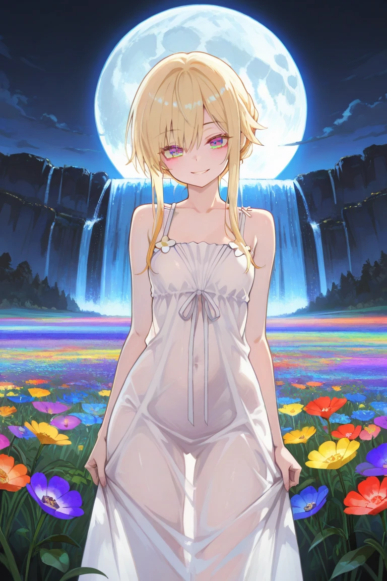(highest quality、8K、Masterpiece:1.3))、Photorealistic、Ultra-high resolution、Complex、Super detailed、(Skin Dentition)、One girl、solo、NSFW、(Contour iris)、(Sweat Lens)、(Perfect Eyes)、(Big Breasts:1.5)have、(Wearing revealing clothing、she(Pure white skin:1.2)、she(blue eyes:1.2)have、I'm doing sheBlonde、she2She has a traditional bun hairstyle.、smile、Watching the viewer、(High traffic park)、slender body、gorgeous body、Long legs、(The whole body is in the photo)、Beautiful woman、Curves and slender body、Voluptuous women、Dig into the crotch and underwear、Flower field、Blonde、blazer、Japanese、high school girl、Chest