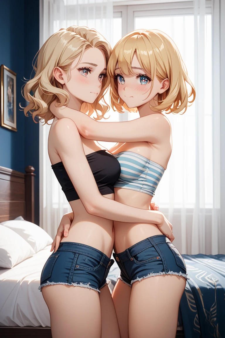2D Anime Style、Blue eyes、Adults、Breasts slightly larger、Cool、Blonde Shorthair、Beautuful Women、Take off your underwear and look almost naked、full body Esbian、on the beds、There is only one person in the illustration