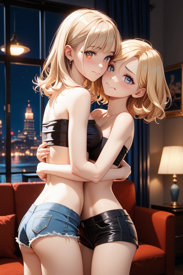 masterpiece, best quality, ultra detailed, beautiful face, beautiful skin, professional lighting, 2girls, (((on the right is a flat chest black bikini girl with short black hair))), (((a little further away on the left is a large breasts white bikini girl with long blonde hair))), full body, on sofa