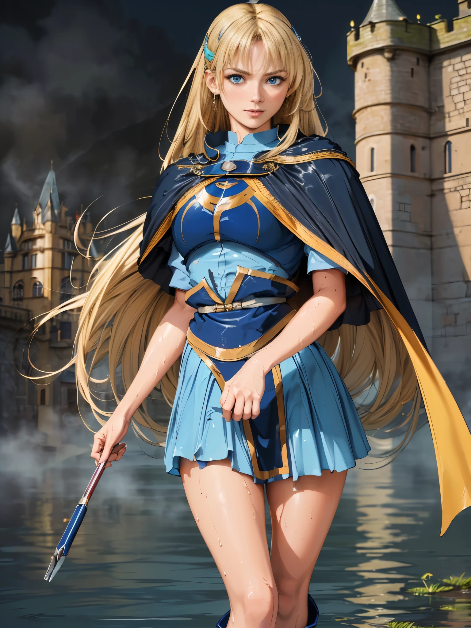 (((masterpiece, Best quality))),( high resolution illustration ),(((ultra-high definition))),(((Very beautiful long golden hair))),((( very beautiful face ))),(((Fine Face ))),(( Exquisite Photo )),(girl Astepeace RAW photo details:1.25), (Highest Quality:1.6), (Ultra A High Resolution:1.5), (Reality:1.75), 8K resolution, Canon EOS R5 , [50mm, absurd, Super Detailed,(((Sharon ))),(((Very beautiful blonde hair))),((( very beautiful blue eyes ))),(((Reality Skin))),((( her face flushed :1.3))),((( dignified expression :1.3))),(open mouth),((( Slim Body ))),((( thin thighs ))),((( small ))),(((very beautiful thin legs))),(((Blue Iron Mantle with extremely delicate and intricate decoration))),(((Dressed in a very fine and intricate embellished skirt:1.5))),(((black cape))),((([Boots))),(((Beautiful Earrings ))),(((beautiful hair ornament))),(((nsfw))),(((wet her skin:1.2))),(((Cinematic Dark Light))),(((Late night in front of a rambling medieval castle,Thick mist diffused:1.7))),