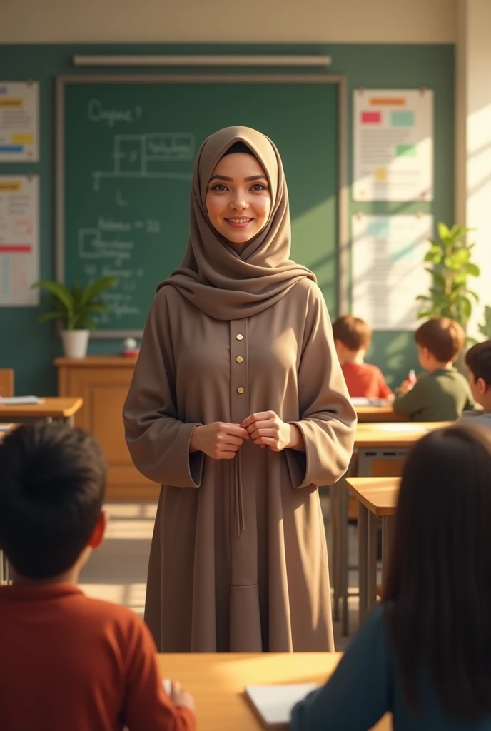 Pretty teacher playing with her preschool students, beautiful face, big detailed eyes, The teacher with black hijab on, black bikini and honey-colored eyes, enhanced details, hyperdetailed, 4k, HD, wallpaper, high quality 