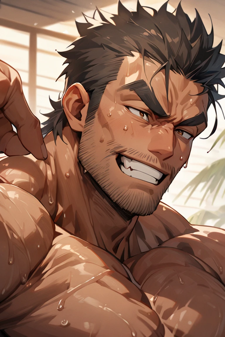anime, manly, dynamic angle, closeup, hairy chest, Bara, resting, looking at viewer, expressive, legs spread, bulge, sitting in beach chair, (buzzcut, goatee, gray eyes, open patterned hawaiian shirt), smirk, swimming trunks, sandals, leaning back, cord bracelet, beach, waves, chill atmosphere, night sky, Homoerotic,