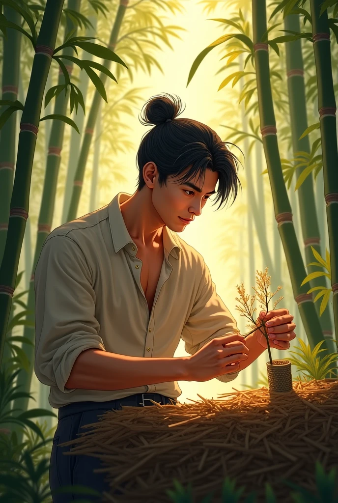 ((Best quality)), ((masterpiece)), (detailed), ((perfect face)), ((halfbody)) handsome young artist, filipino guy engaging in various activities topless within his cozy home nestled in a serene forest. Capture moments of his daily life, such as painting, reading, playing a musical instrument, or enjoying a cup of tea, as he explores his creativity and self-discovery, all while surrounded by the warmth and comfort of his sanctuary