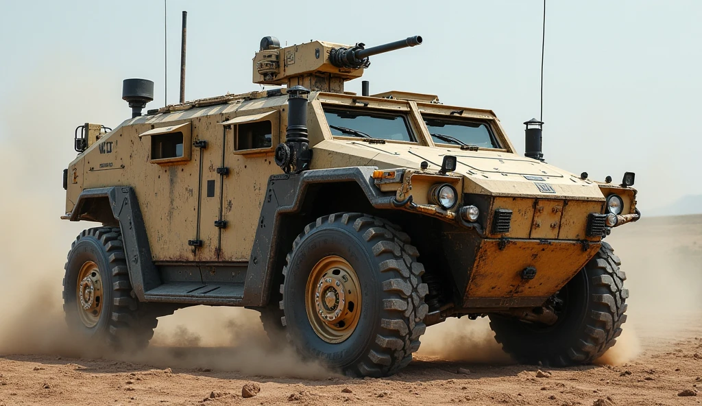 mrap rolling in desert,high quality analog style photograph, <lora:epiNoiseoffset_v2:1> <lora:mwr4p:1>
