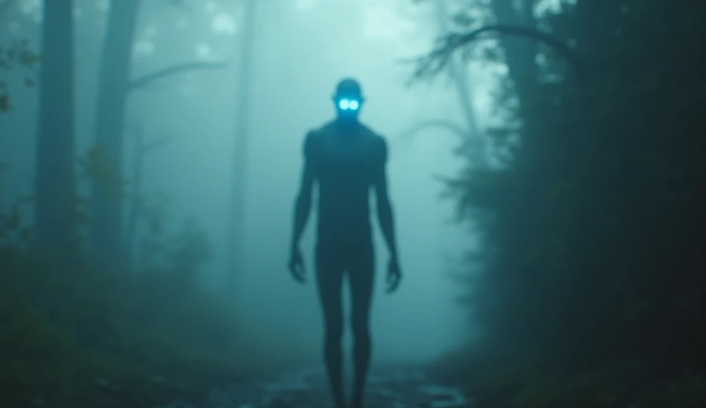 A man with bright white eyes,that has blue pants,blue hair and a yellow streak,and that it is in a foggy forest and that the eyes do not have