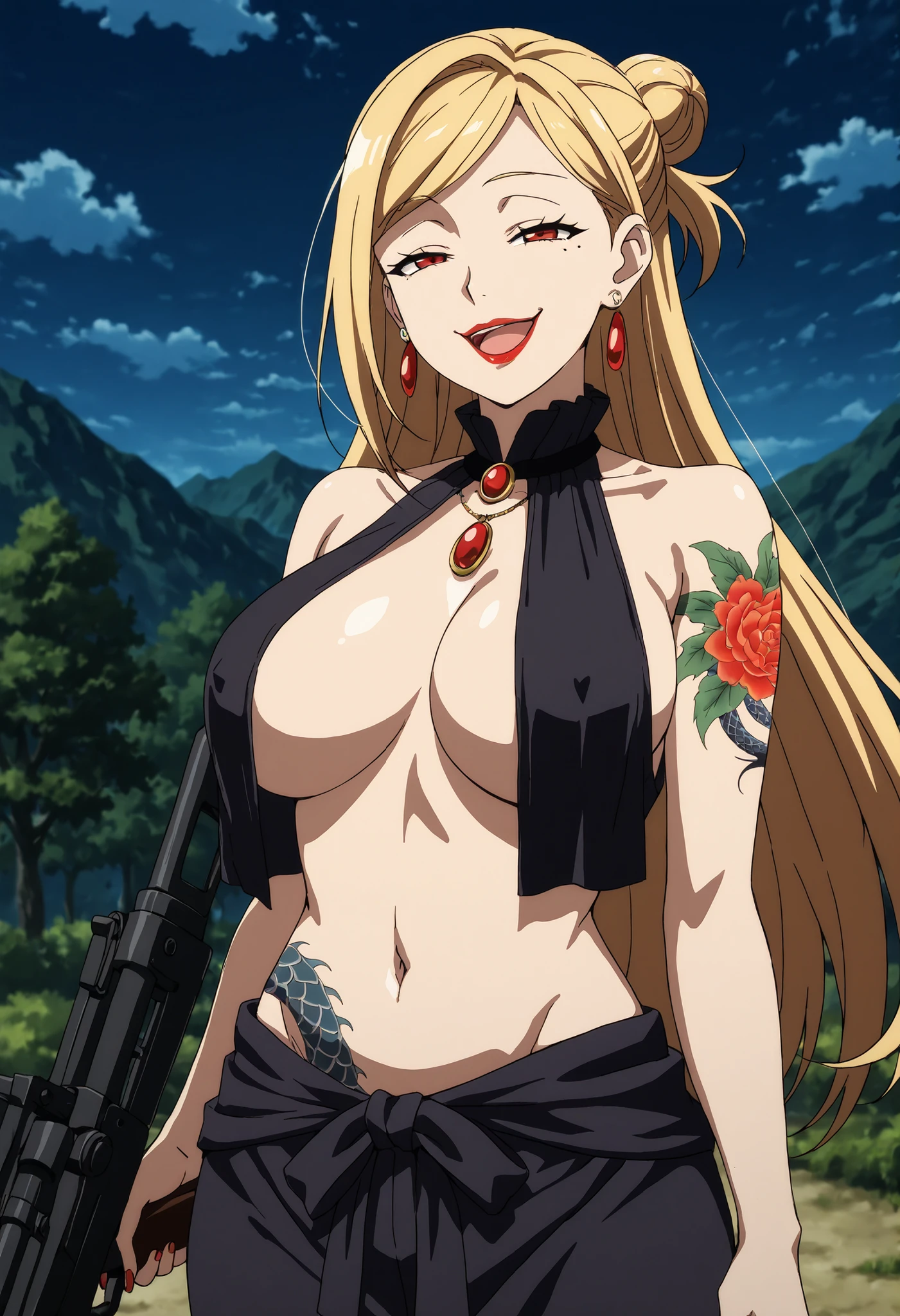 1girl, solo, standing, aaluis, facial mark, mole under mouth,breast tattoo, , long hair, large breasts, ear piercing, long hair, blush, lipstick, Hot girl, baddie, staring, glaring, bad attitude, mean girl, dare, angry, hate, crazy, smoking, sensual, attractive, masterpiece, best quality, highly detailed, a anime girls in kimono dress with a sword posing for a
picture, bare shoulder,open kimono, evil smile, open mouth, crop top , smile,
ecchi anime style, anime girls, ecchi style, ecchi, digital anime art!!, in anime style, official artwork, visual
novel cg, beautiful anime girl, anime style 4 k, kimono pencil skirt, exposed belly, exposed navel,
exposed midriff, exposed lower belly, outdoor, japanese architecture, temple