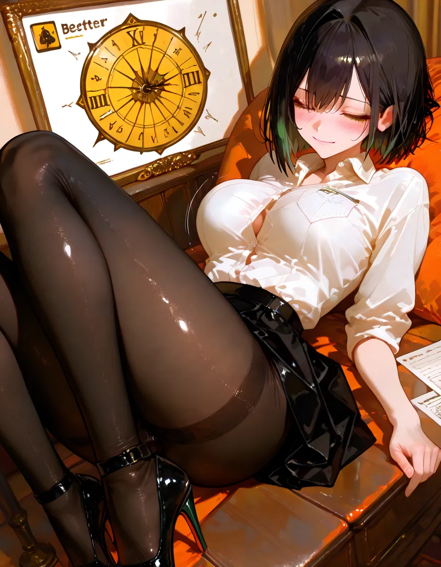 blush, ((sweaty)), (masterpiece), best quality, perfect face, green eyes, ((fangs)), (masterpiece, high quality, highest quality:1.2), 1girl, solo, black hair, (big nipples:1.2), medium breast, ((maid)), (blow job), (ahegao:1.2), (cameltoe:1.2), ((panties, lace)), (spread legs), (stockings:1.3), (black shoes),