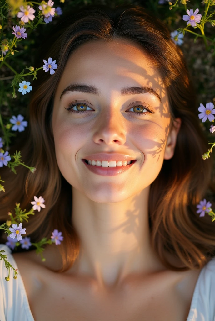 Melissa Joan Hart, gypsy girl,masterpiece:1.2 - (best quality) (detailed) (intricate) (8k) (HDR) (wallpaper) (cinematic lighting) (sharp focus), happy, 20 years old girl, break, upper body, closeup, break, garden flowers