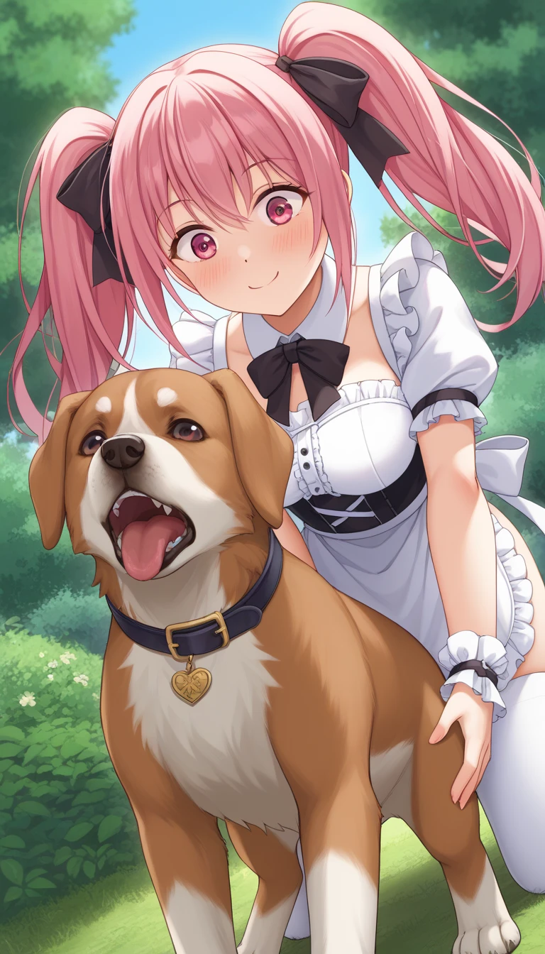 1girl, mako mankanshoku young, age, large breasts, puffy pink nipples, innocent face, oblivious expression, question mark, young apperance. 1dog, german shephard, dark brown fur, red knotted canine dick, big veiny dig penis, oral sex