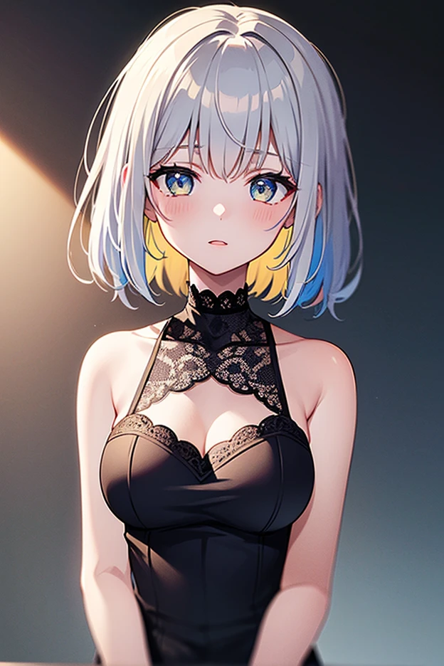 (masterpiece), best quality, expressive eyes, 8k, highres, perfect face, 1girl, solo, (short white hair), turquoise eyes, (black dress), long dress, elegant dress, sexy, skinny, black background, sitting, black