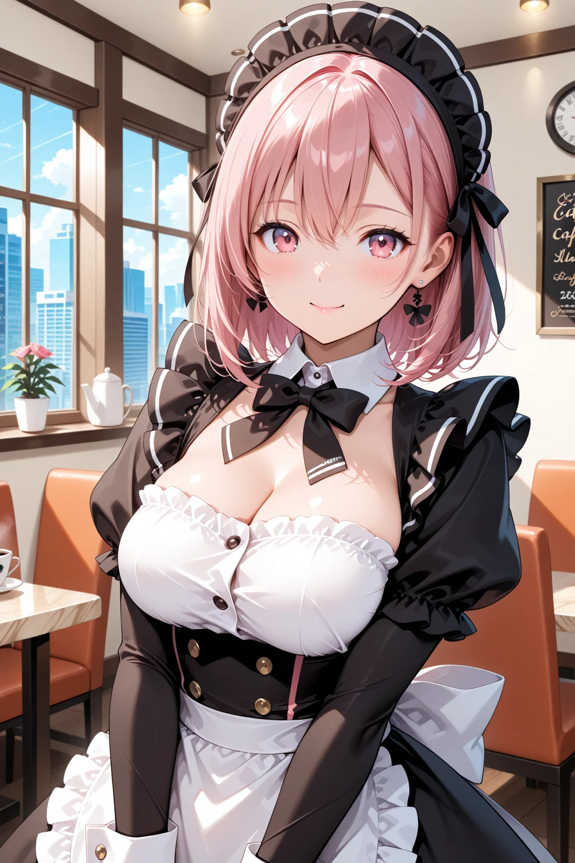 (8K, top-quality, masterpiece:1.2), (reallistic, Photorealsitic:1.37), Super Detail, One girl,), (Highly detailed), (beautifully detailed eyes), (of the highest quality), (super detailed ), (masterpiece), (Detailed face),20yr old, ,1 girl, ((pink hair,long hair)), medium breasts, clothed, Perfect Lighting, BREAK, (finely detail 1girl:1.4),18 years old,(kind smile),slender,(large breasts:1.4),insanely detailed clothes,upper cleavage,white puffy sleeves,(maid headdress),(short hair:1.2),(brown eyes:1.2),(kawaii),(black bow:1.2),(pink pendant),(detailed embroidery frills sexy black gothic lolita maid clothes:1.4),double-breasted,underbust,(black frills skirt:1.2),(black corset:1.2),(detailed embroidery frills sexy pink garter straps:1.2),(detailed embroidery frills sexy white thighhighs:1.3),(white_gloves),(black high heel:1.2),(skindentation),(extremely detailed face:1.3),(beautiful eyes:1.3),extremely beautiful hair:1.3),extremely detailed body:1.3),(((extremely detailed skin)))