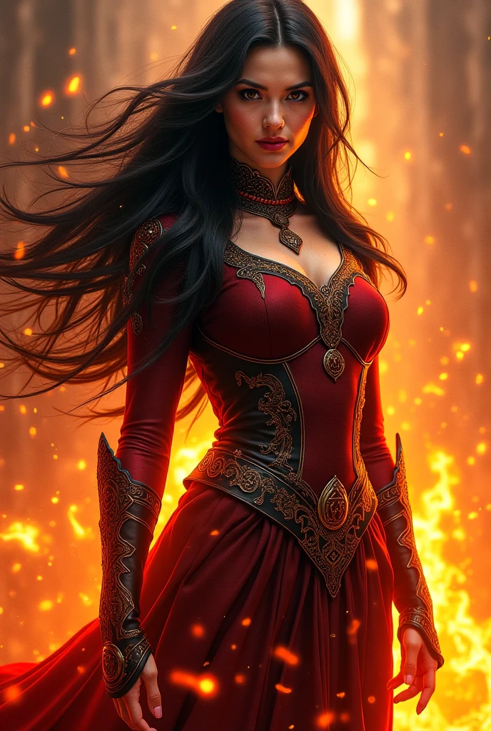 ((realistic:1.5)),((best quality)), ((masterpiece)),((detailed)), ((8K)), (1girl), (a beautiful 27 year old female fighting a red demon), (half body:1.5), face focus, toned muscles, long legs, slim thighs, narrow hips, green eyes, tiny breasts, (detailed face, sultry smile, beautiful eyes, detailed clothes, clear background:1.5), (Normal skin, short black hair, outlined eyes, outlined face, bracelet, half body), wearing intricately detailed red warrior dress, boots, belt, fighting a demon, detailed night volcano background, stars, soft lighting, best shadow, soft details, perfect composition, Intricate, Sharp focus, dramatic, by luis royo, by julie bell