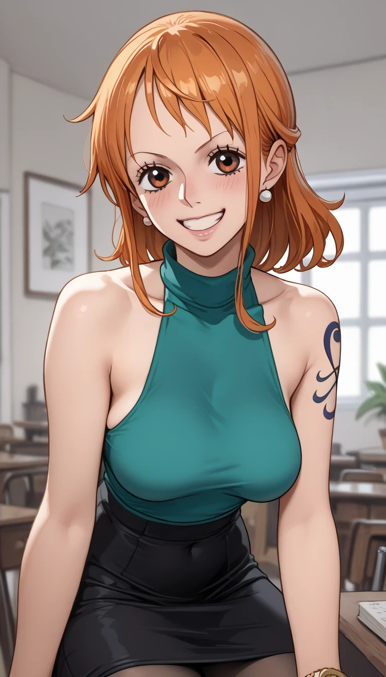 score_9, score_8_up, score_7_up, source_Anime Top Quality、8k、 masterpiece、super high accuracy、 natural light、perfect anatomy、one woman、medium breasts、((saggy breasts:1.5))、one piece、nami、orange hair、( Happy Expression )、sleeveless rib knit that rubs your chest with both hands、((High Neck))、tight pencil skirt、pantyhose