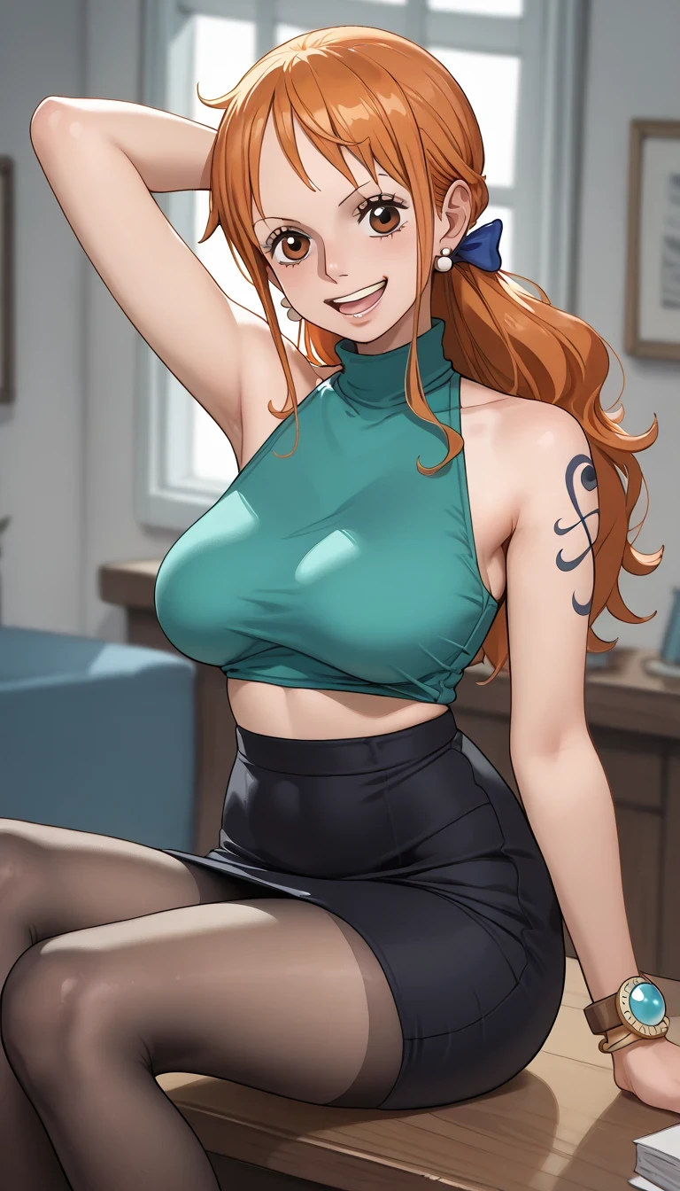 score_9, score_8_up, score_7_up, source_Anime Top Quality、8k、 masterpiece、super high accuracy、 natural light、perfect anatomy、one woman、medium breasts、((saggy breasts:1.5))、one piece、nami、orange hair、( Happy Expression )、sleeveless rib knit that rubs your chest with both hands、((High Neck))、tight pencil skirt、pantyhose