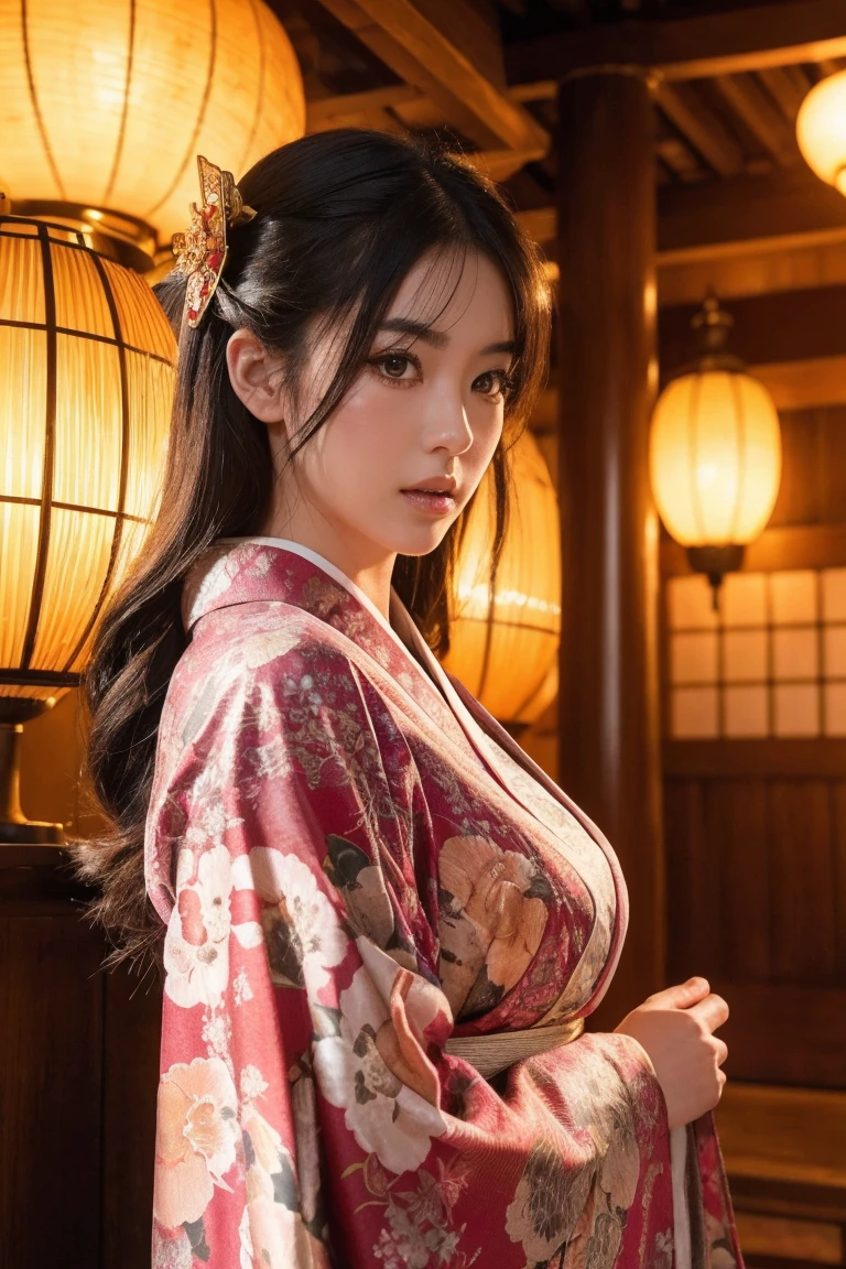 big breasted japanese woman in elaborate kimono, ornate shrine, cinematic atmosphere, (best quality,4k,8k,highres,masterpiece:1.2),ultra-detailed,(realistic,photorealistic,photo-realistic:1.37),(looking at viewer),highly detailed face,beautiful detailed eyes,beautiful detailed lips,extremely detailed eyes and face,long eyelashes,intricate kimono design,ornate shrine background,warm lighting,dramatic shadows,vibrant colors,photorealistic