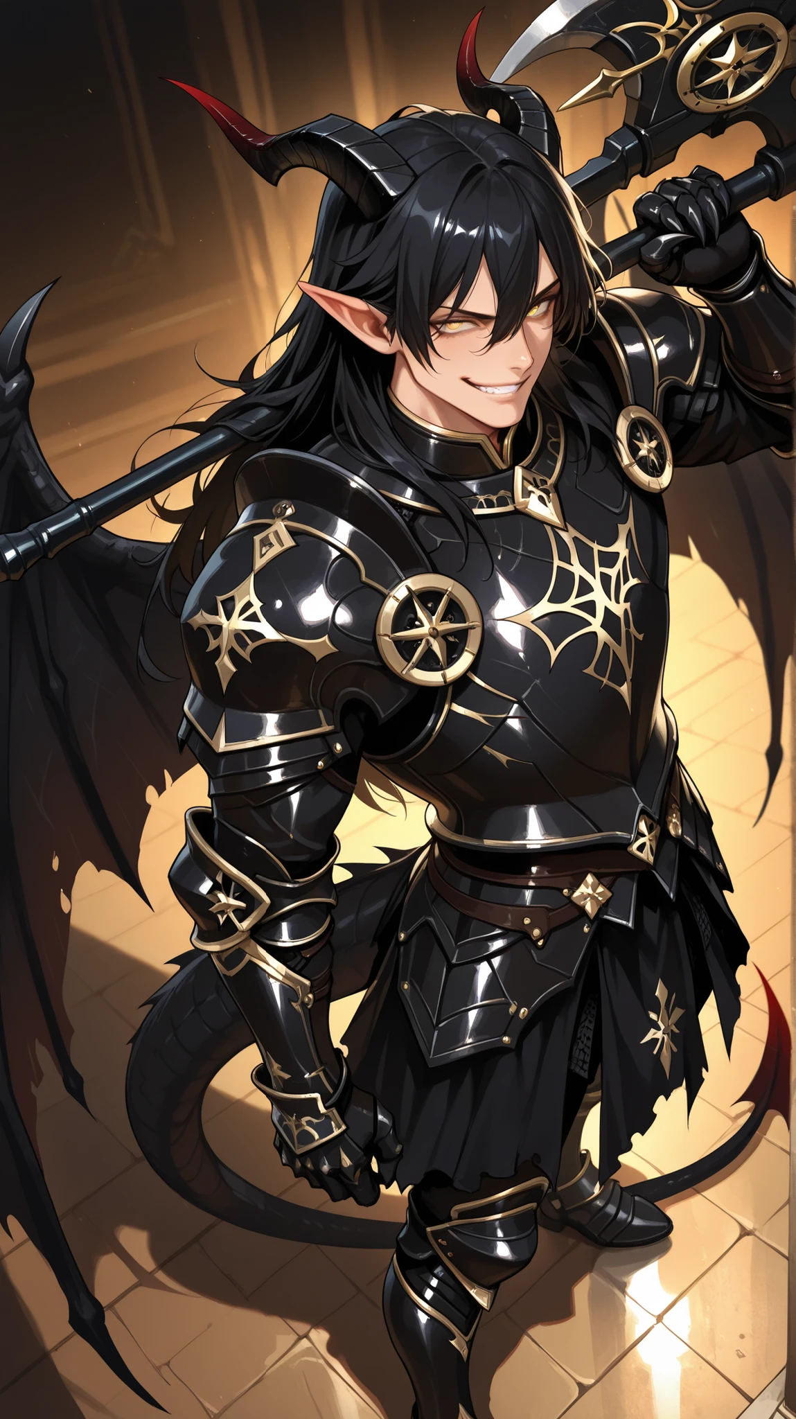 (masterpiece, best quality: 1. 5), highres, 8K, CG, (((Anime))), (1 male), lean body, ((masculine)), ((model pose)), weredragon, japanese anime style, glossy black, shiny black leather, ((beautiful golden eyes, finely detailed eyes, bright eyes, vertical iris)), hair between eyes, long hair, sideburns, wild hair, (sly grin, smirk, evil smile), teeth, confident, black hair, (ultra detailed face), shiny skin, long pointy ears, twisted torso, long-legged, sculpted face, wasp waist, dragon’s horn, dragon’s tail, dragon’s wings, dragon’s sharp claws, ((black armor with a lot of grandiose decorations)), half dragon half human, dramatic angle, dynamic posture, (holding giant axe on shoulder: 1. 3), ultra detailed black armor, black armor with gold accent, all black outfit, whole body, emphasize face, focused expression, sharp focus, oblique angle, good-looking man, well-polished black armor, charismatic pose, (best illustration), cinematic, super detailed, dramatic lighting, (intricate detail, super detail, extreme detailed), reflection, pearly luster, ((highly detailed artwork)), dramatic shadows, tenebrism, chiaroscuro, wonderful pose, chiseled features, stark contrast, heavy shadows, detailed black decorations, beautiful and aesthetic, photoreal, from above, (mysteriously crafted black metal armor: 1. 5), sparkling accessories, thick and luxuriant hair, ultra detailed fantasy black armor, dressed in black, broad shoulder, sharp eyes, true-to-life visuals, artistically refined, dramatic contrasts, ((extremely delicate and beautiful armor, elaborate armor details)), dark armor, toned male, exquisite goldwork, wonderful black armor, armor with intricate engravings, (armor-type boots), ((detailed shoulder armor with intricate engravings, gold accent black armor)), (128K Ultra High Resolution), very gorgeous and dazzling, dark fantasy black knight, slim waistlines, wide chested, sinewy body, splendid scenery background, (((Hyper Detailed & Perfectly Designed Black Armor)))