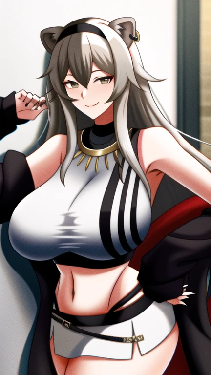 enterprise_(azur_lane) 1girl :o alternate_costume arm_behind_head bare_shoulders black_shirt blush breasts denim grey_hair gyaru hand_in_own_hair jeans large_breasts long_hair long_sleeves looking_at_viewer navel open_mouth pants purple_eyes shirt simple_background solo sweat sweatdrop upper_body white_background, highres, absurdres, incredibly absurdres, lowres