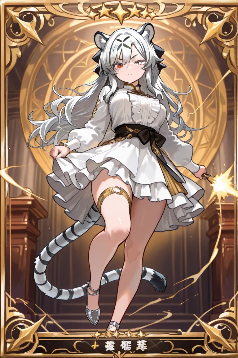 masterpiece,best quality,ultra detailed,with white tiger ears and a tail,straight silver long hair. Her right eye is red,The left eye is gold.she wears 3 layered frill skirt,Holographic limited edition illustration card flash,full body.