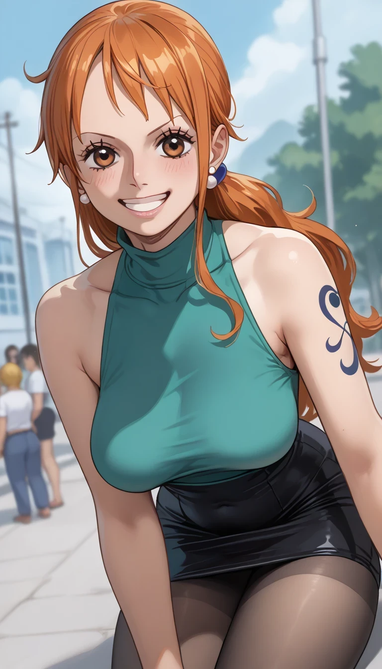 score_9, score_8_up, score_7_up, source_Anime Top Quality、8k、 masterpiece、super high accuracy、 natural light、perfect anatomy、one woman、medium breasts、((saggy breasts:1.5))、one piece、nami、orange hair、( Happy Expression )、sleeveless rib knit that rubs your chest with both hands、((High Neck))、tight pencil skirt、pantyhose