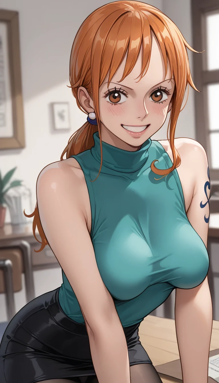 score_9, score_8_up, score_7_up, source_Anime Top Quality、8k、 masterpiece、super high accuracy、 natural light、perfect anatomy、one woman、medium breasts、((saggy breasts:1.5))、one piece、nami、orange hair、( Happy Expression )、sleeveless rib knit that rubs your chest with both hands、((High Neck))、tight pencil skirt、pantyhose