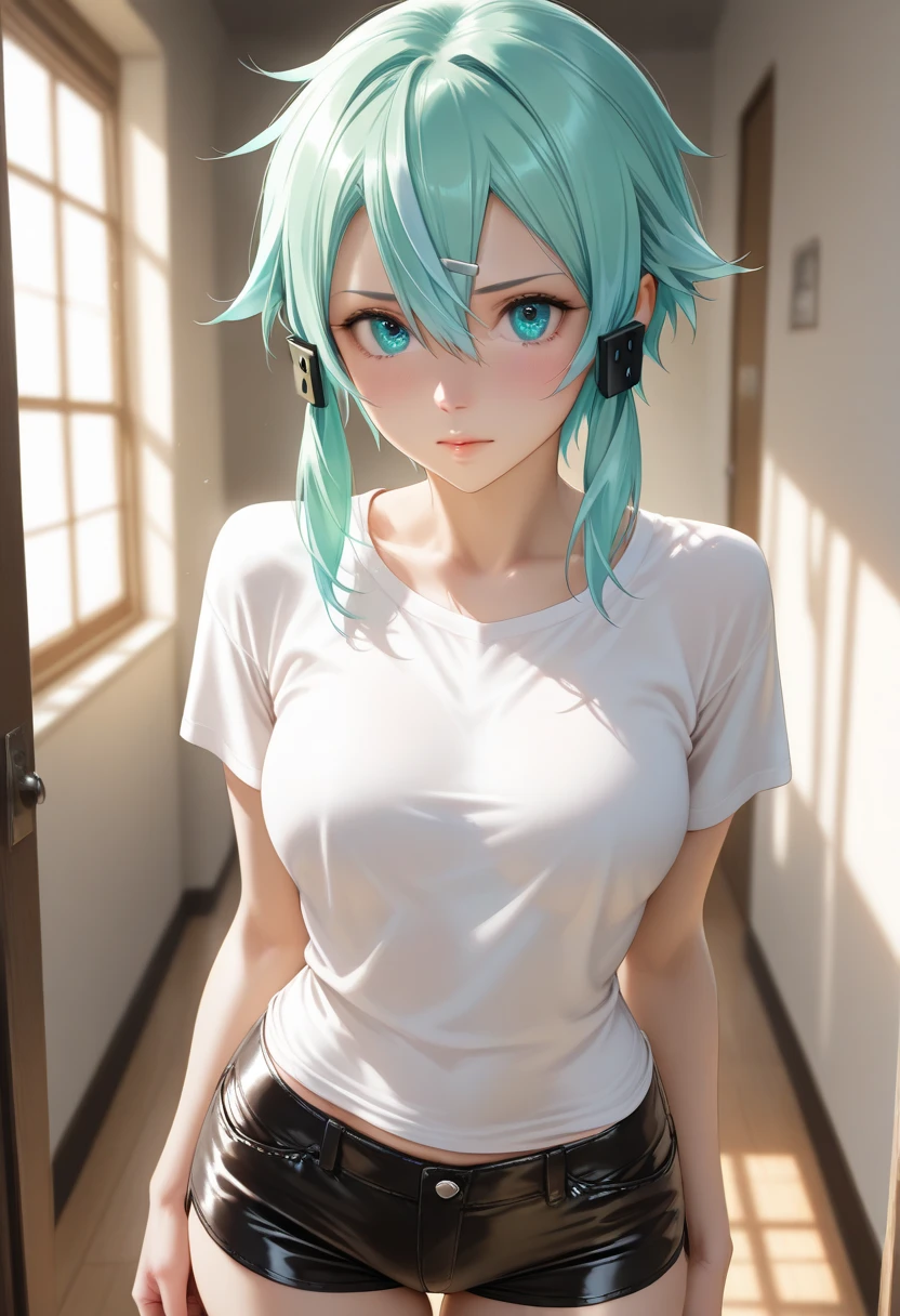 Anime girl with green hair and white tank top standing in front of a door, seductive Anime girl, ; Visual novel, 3d in anime style, realistic anime 3D style, anime style ecchi, гладкое аниме cg art, Tatsumaki, attractive Anime girl, Fubuki, Visual novel cg, drawn in an anime artist's studio, photorealistic Anime girl render, Anime girl