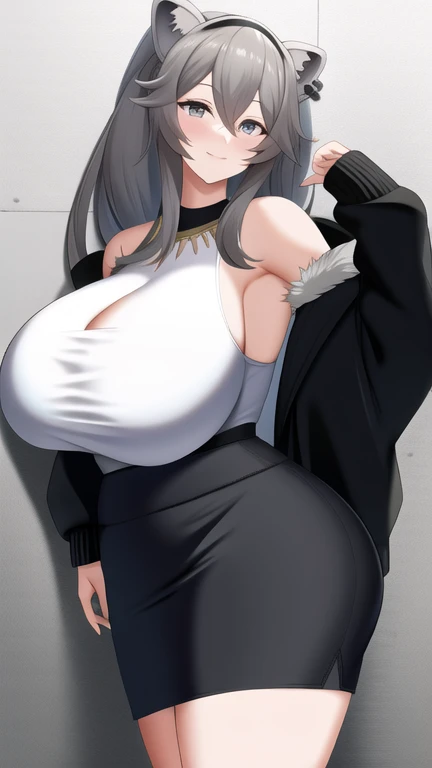 (best quality, masterpiece:1.3), (mature woman, milf), tall, anime, masterpiece, beautiful eyes, best quality, (detailed face), (detailed body), ((1girl)), ((solo)), (((chubby))), ((fat)), ((tummy bulge)), ((((big belly)))), plump, belly, she has gained weight, (stretched out belly), ((full belly)), (((bloated))), beautiful, rosanna \(nikke\), black and white hair, navel, cleavage, jewelry, earrings, choker, black gloves, midriff, belt, necklace, bracelet, crop top, black shirt, chain, fur coat, fur trim, gigantic breasts, chubby girl, chubby belly, (gigantic_hips:1.2), (chubby:1.5), plump, (wide hips:1.2), sciamano240, soft shading, detailed, semi-realistic,