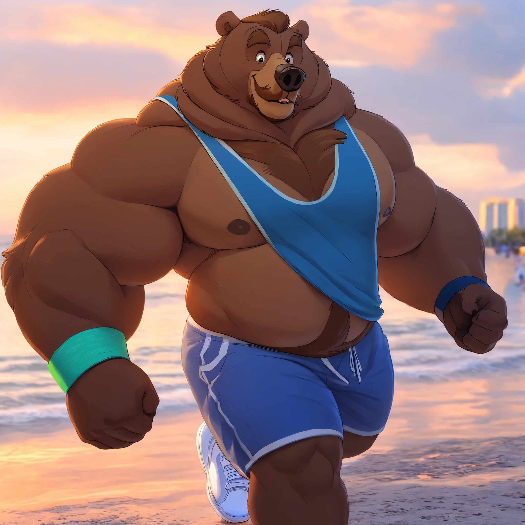 huge muscular Eurasian brown bear in St. Petersburg beach, big smirk, light Eurasian bear, huge light brown fur, thick arm, huge arm, golden mustache, short Golden hair and beard, (muscular, pectoral, wide pectoral, thick arms), Disney, 8k, masterpiece, detailed golden eyebrows, detailed eyes with blue pupils, (wearing dark blue shorts, wristbands, light blue tank top and white shoes), bouncing his pecs like a drum