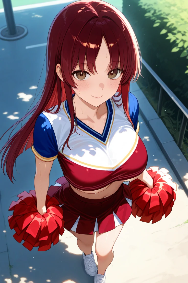 (masterpiece:1.2, best quality:1.2, beautiful, high quality, highres:1.1, aesthetic), detailed, extremely detailed, ambient soft lighting, 4K, perfect eyes, perfect face, perfect lighting, 1girl, solo, huge breasts, huge thighs, narrow waist, wide hips, thick thighs, curvy, standing, looking at viewer, facing viewer, Rias Gremory, rias form high school dxd, , (((blue eyes))), red hair, antenna hair, wavy hair, hands in the air, jumping, pompoms, cheerleader, cheerleader outfit, mini skirt, exposed midriff, underboob, bouncing breasts, collar, blushing,sweating, (breathing hard), (panting), anime, smile, marketplace, outdoors,