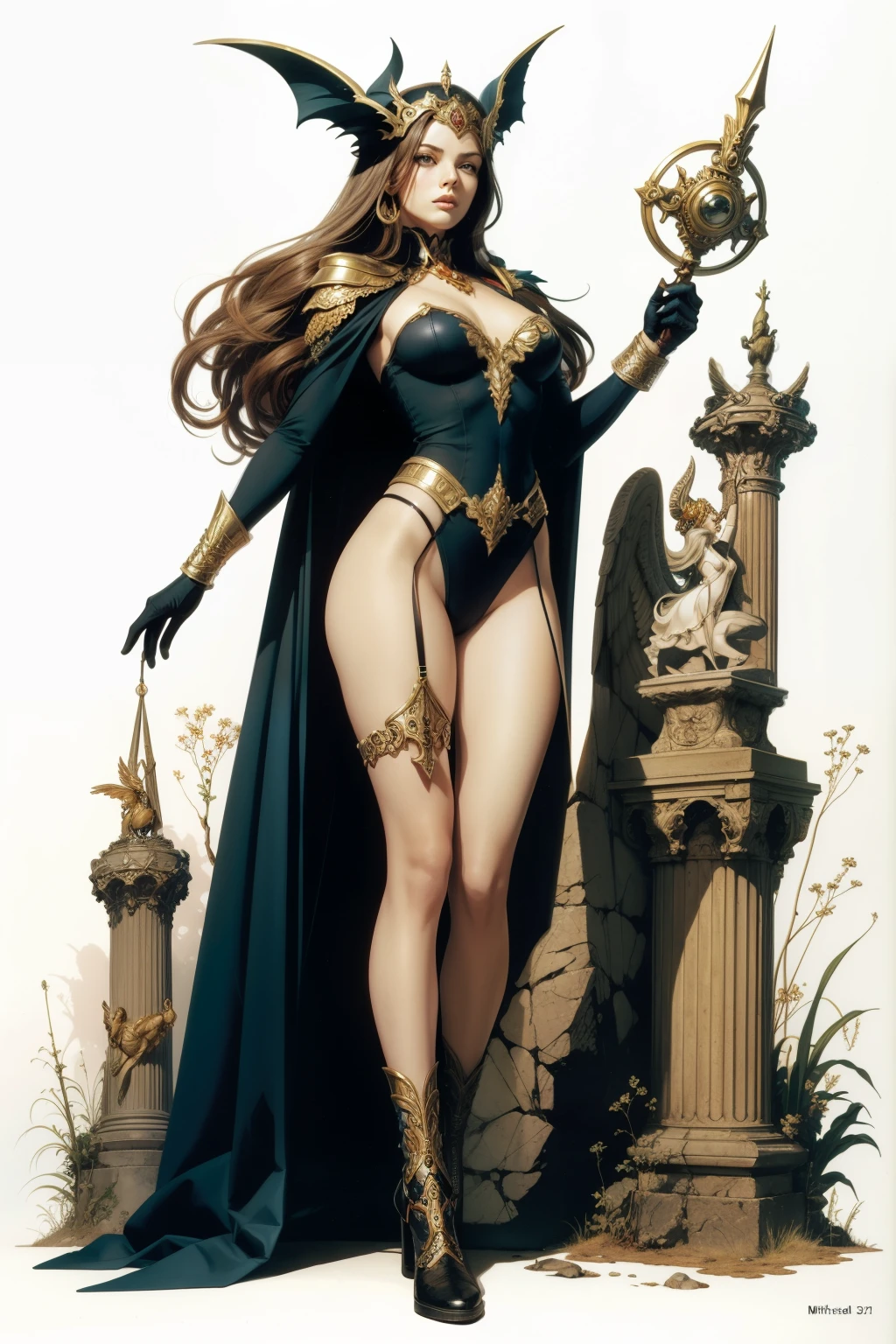 (best quality, masterpiece), (tarot, tarot card,:1.1) solo sorceress female witch, witch hat, black background, golden, glorious, epic background, epic vibe, in the style of Druuna