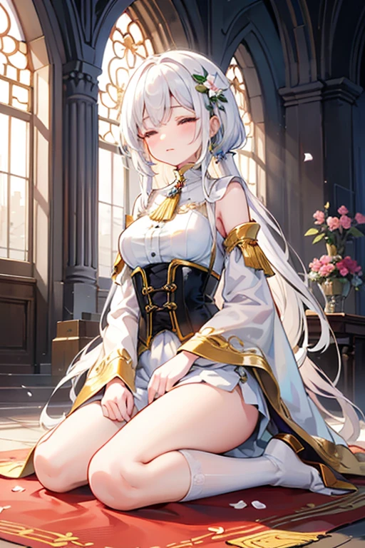 , masterpiece, Highest Quality, Highest Resolution, perfect background, perfect perspective, sharp image, perfect details, perfect lighting, perfect shadows, Perfect lighting, Best background, 1girl, Airi, multicolored hair, white hair, blue hair, very long hair, bare shoulders, gloves, braid, elbow gloves, white dress, indoors, sitting, thighs,