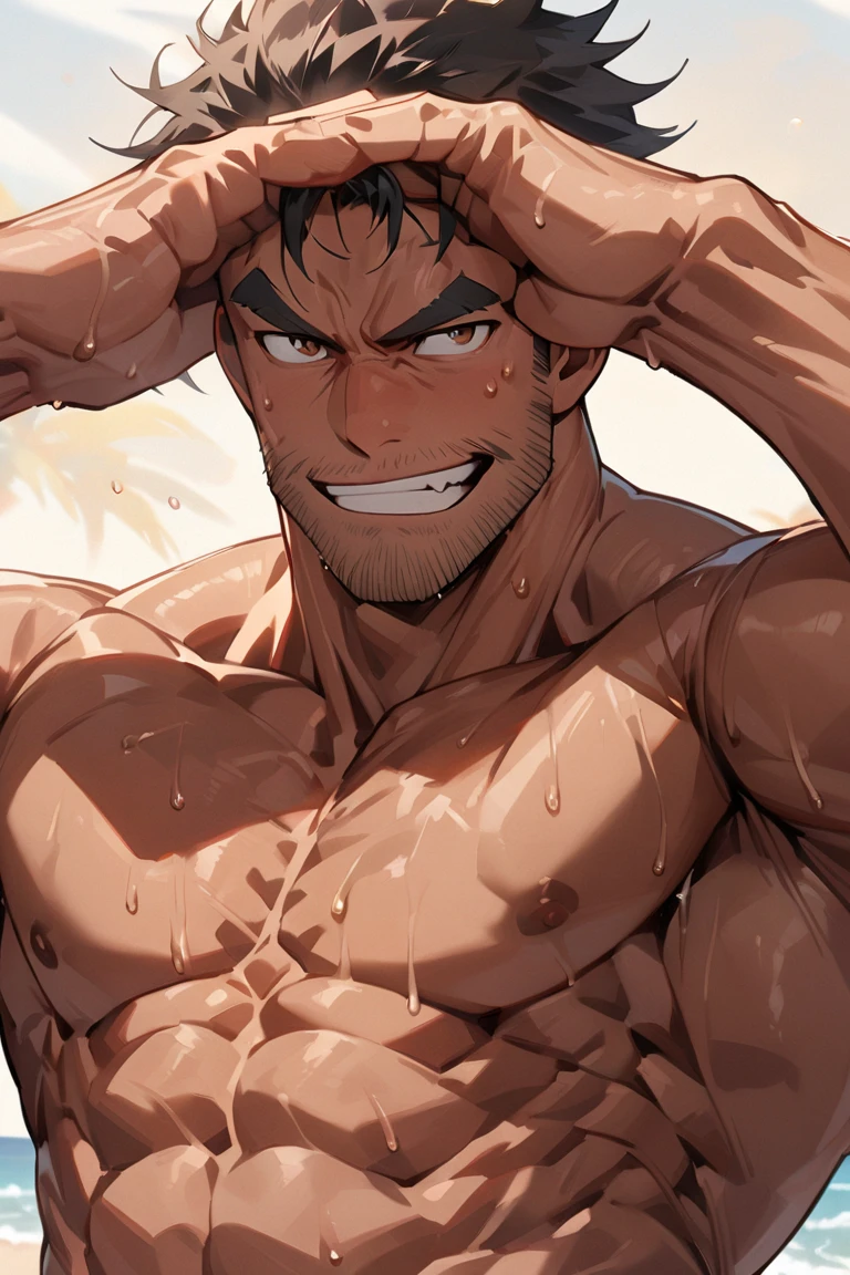 (muscular thigh muscles ) (photo angle from bottom up)(Drawings of Naruto anime) (photo angle from the ground upwards) [Anime photo][highest quality photo][4k,HD photo quality ] wear tight and short loincloths  ,the loincloth bulges due to the erect male genitals (muscular thigh muscles, firm thigh muscles, muscular thigh muscles, sinewy thigh muscles, giant thigh muscles, strong leg muscles, muscular hamstring leg muscles)(thigh muscles bulging as if about to explode, muscular, calloused, sinewy, giant) ,Uzumaki Naruto ,fun, happy,bodybuilder,bodybuilding, standing, red skin, pink skin, tanned skin,reddish brown skin, lots of sweat flowing down, topless, shirtless, hot sunny, (do not wear banners,do not wear headbands) blue eyes, 8 pack abs
