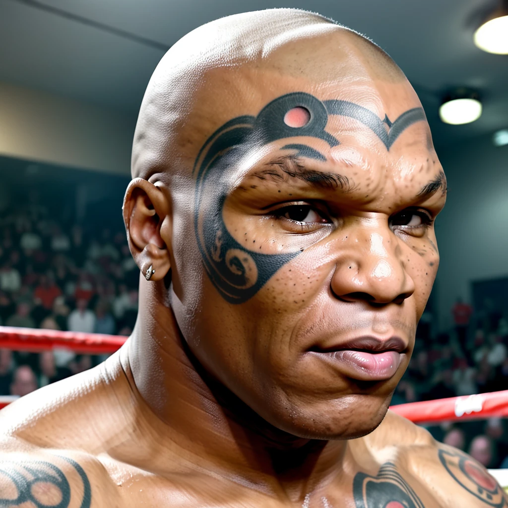 (full body shot, ultra-detailed, best quality, photorealistic:1.37, 4k, realistic, portrait, photography, Mike Tyson, iconic pose, dressed like a tiger, detailed facial features, vibrant colours, 35mm)
