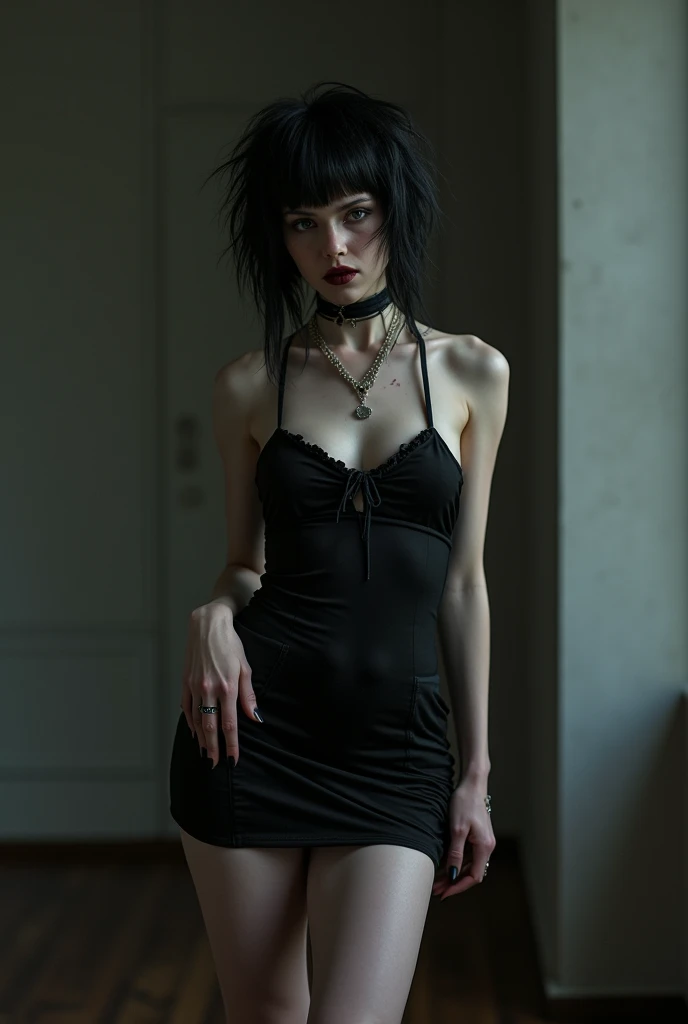 a very thin woman with visible bones, pale white skin, sweaty body, wearing tight black shorts, black half-body shirt, wearing black shoes, full body view, tattoo, (best quality,4k,8k,highres,masterpiece:1.2),ultra-detailed,(realistic,photorealistic,photo-realistic:1.37),dramatic lighting,chiaroscuro,cinematic,dark moody atmosphere