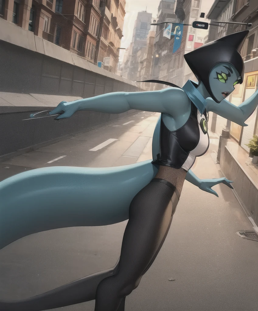(masterpiece, best quality:1.2), extremely detailed, day ambient lighting, sharp focus, 8K, backlighting,1girl, (solo:1.2) mature female, upper body,full body,high resolution,correct anatomy,XLR8,blue skin,tail,humanoid,green eyes, (circle of the omnitrix logo in the cheast:1),omnitrix,omnitrix logo,street backgraund,standing in the middle of the street,black suit and white chest,three fingers,semi metalic chothes,mediun tits,small pointed helmet,green electricity ray aura,medium tail, tail on lower back,<lora:xlr8-08:0.8> <lora:easynegative:1>