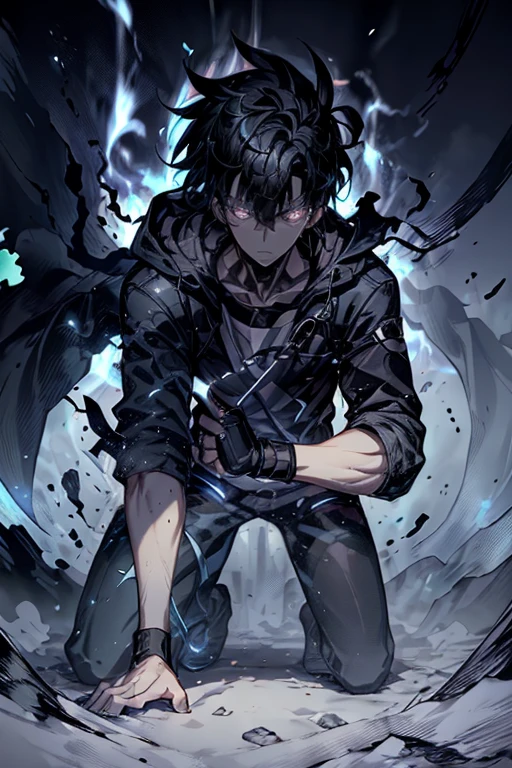 1 person, teacher, Wearing a black leather jacket with a chain, Black long pants, Black Hair, short hair, Look at the details, Fine grain, Iris, Black crown floating overhead, In fighting stance, The background is Chinese aliens