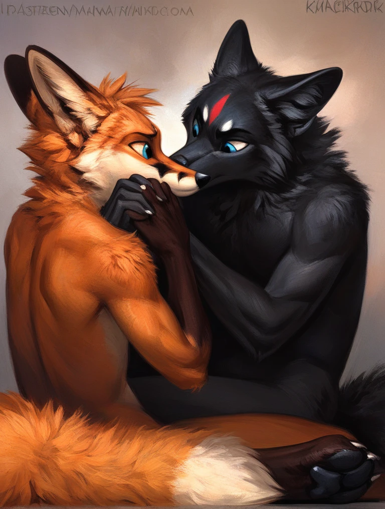 ((crying and holding each other)), bracing for the last moments alive, penis in upright sheaths parallel with belly, apocalypse coming, 2 (lean) very handsome fox guys trying to survive an ordeal night in terrible weather in a stark winter landscape, looking straight at each other with big scared eyes in mortal fear, united through hardship ((in a severe typhoon)), trees being ripped up with roots, sharp focus with bokeh, photo realistic, artistic