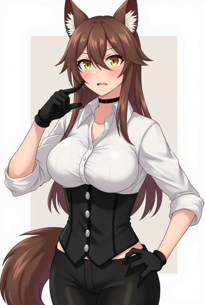 best quality, solo,Franka, 1girl, solo, long hair, breasts, looking at viewer, flirty, blush, smile, bangs, skirt, large breasts, simple background, brown hair, shirt, thighhighs, gloves, white background, animal ears, hair between eyes, brown eyes, very long hair, closed mouth, tail, short sleeves, black gloves, elbow gloves, collared shirt, black skirt, animal ear fluff, fox ears, fox tail, fox girl, single thighhigh, grey shirt, asymmetrical legwear,