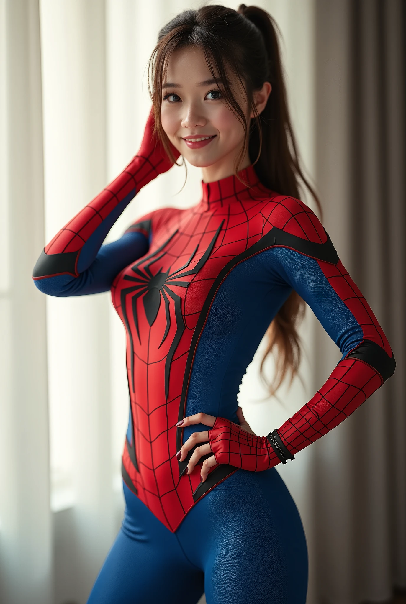 Detailed defined body of a beautiful woman with spiderman cosplay, Small breasts,Natural Photography