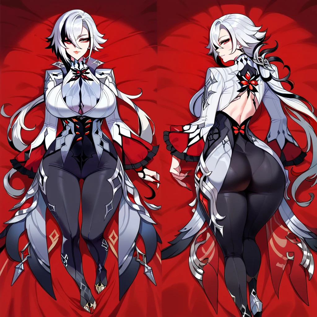 3 girls, expressions, dakimakura, variety of hairstyles, variety of bangs, high fantasy costume, ((white background)), full body, multiple views, succubus,  thong, shrug, leotard, cleavage, tie, 