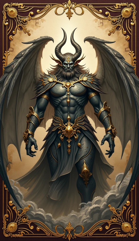 Create a male tiefling character with gray skin., gold eyes, black hair, wings and tail, tatoo, brawny