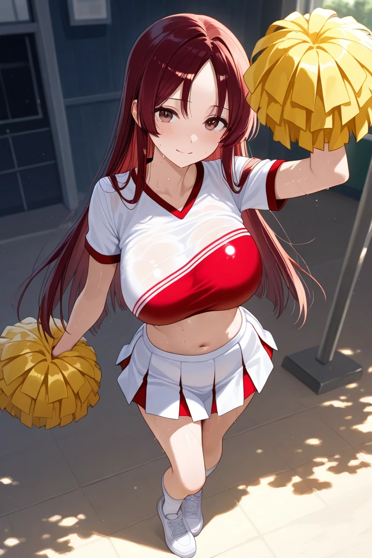 Arab Federal Reserve Bank Asian cheerleader poses dynamically in the stadium,Holding a large pom-pom in both hands、write、closeup cleavage、cosplay foto、Anime cosplay、smallunderboob、RAW photography, top-quality, A high resolution, (tmasterpiece), (Photorealsitic:1.4), professional photoshooting, foco nítido, NFFSW, 8K分辨率, intricately details, depth of fields, the Extremely Detailed CG Unity 8K Wallpapers, Frontlighting, Girl vs, Beautiful supermodels, A smile、slenderness、Mary Ross、twin-tail hair、Dense depiction、Korean uniform、(posterior view)、Peek from below、(skinny thigh)、White underwear is visible